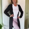 Image of Long Open Cotton Cardigan with Hoodie in Charcoal 3