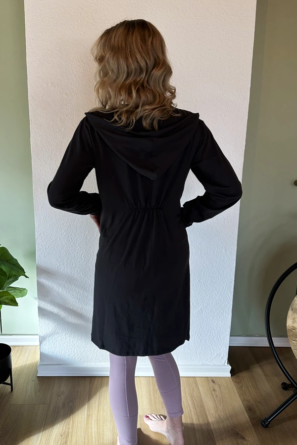 Image of Long Open Cotton Cardigan with Hoodie in Charcoal 5